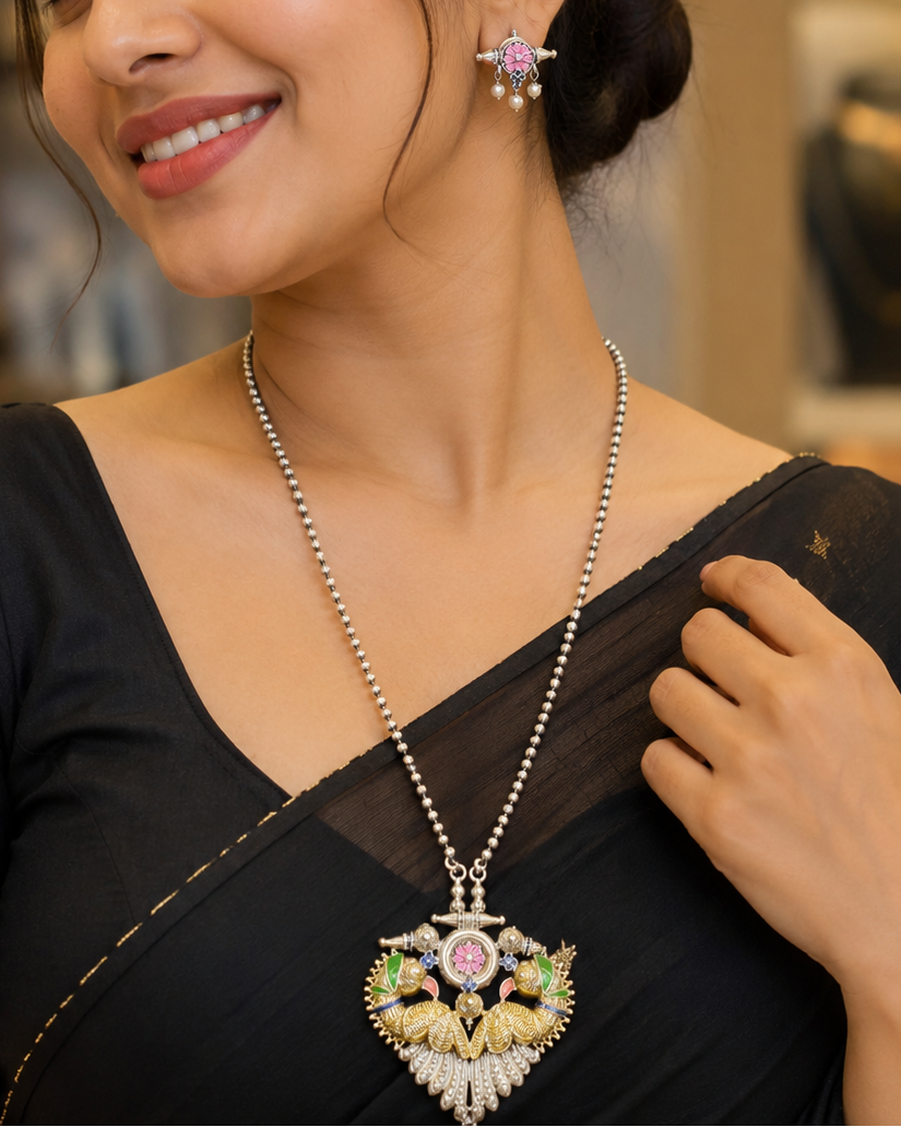 Antique Gold & Oxidized Silver Tone Twin Parrot Nakshi Mangalsutra Set | OLT38