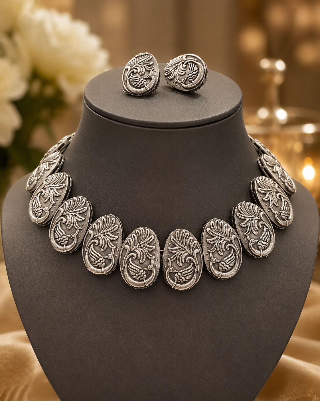 Oxidised Silver Nakshi Leaf Scroll Oval Tile Choker Set | OLT51