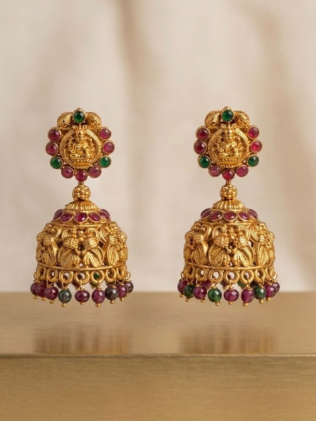 emple Lakshmi Nakshi Gold Jhumka Earrings with Ruby & Emerald | LLB0168
