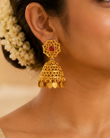 Gold Ruby Square Octagon Filigree Granule Dome Jhumka Earrings-Pattern 6 | ONK96