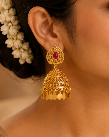 Gold Ruby Teardrop Heart Filigree Scroll Dome Jhumka Earrings - Pattern 7 | ONK96