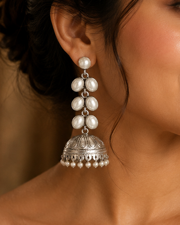 Oxidised Silver Triple Oval Pearl Cascade Long Jhumka Earrings | OLT69