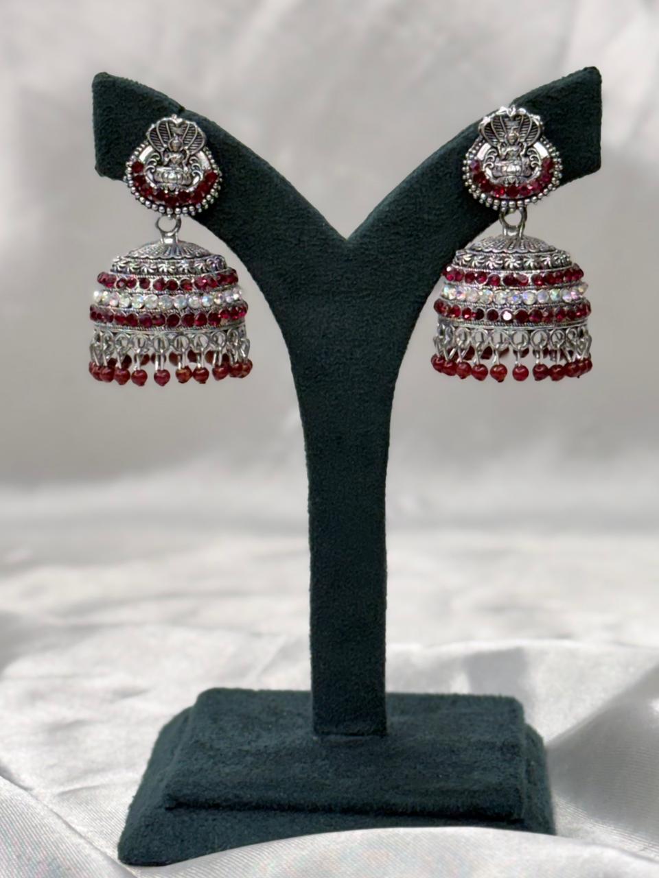 Red Stone Oxidised Peacock Jhumka Earring,llb584