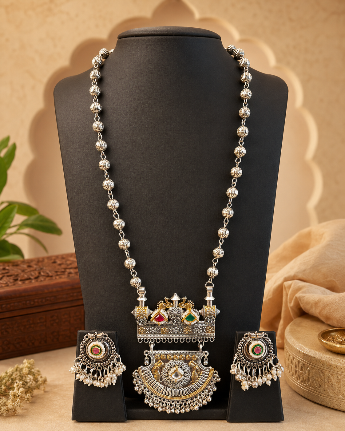 Traditional Oxidized Silver Necklace Set with Earrings | OLT33