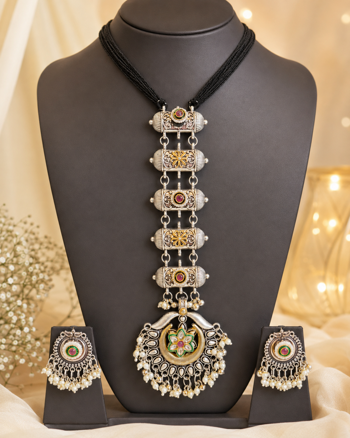 Antique Oxidized Jewellery Necklace Set with Pearl Earrings | OLT32