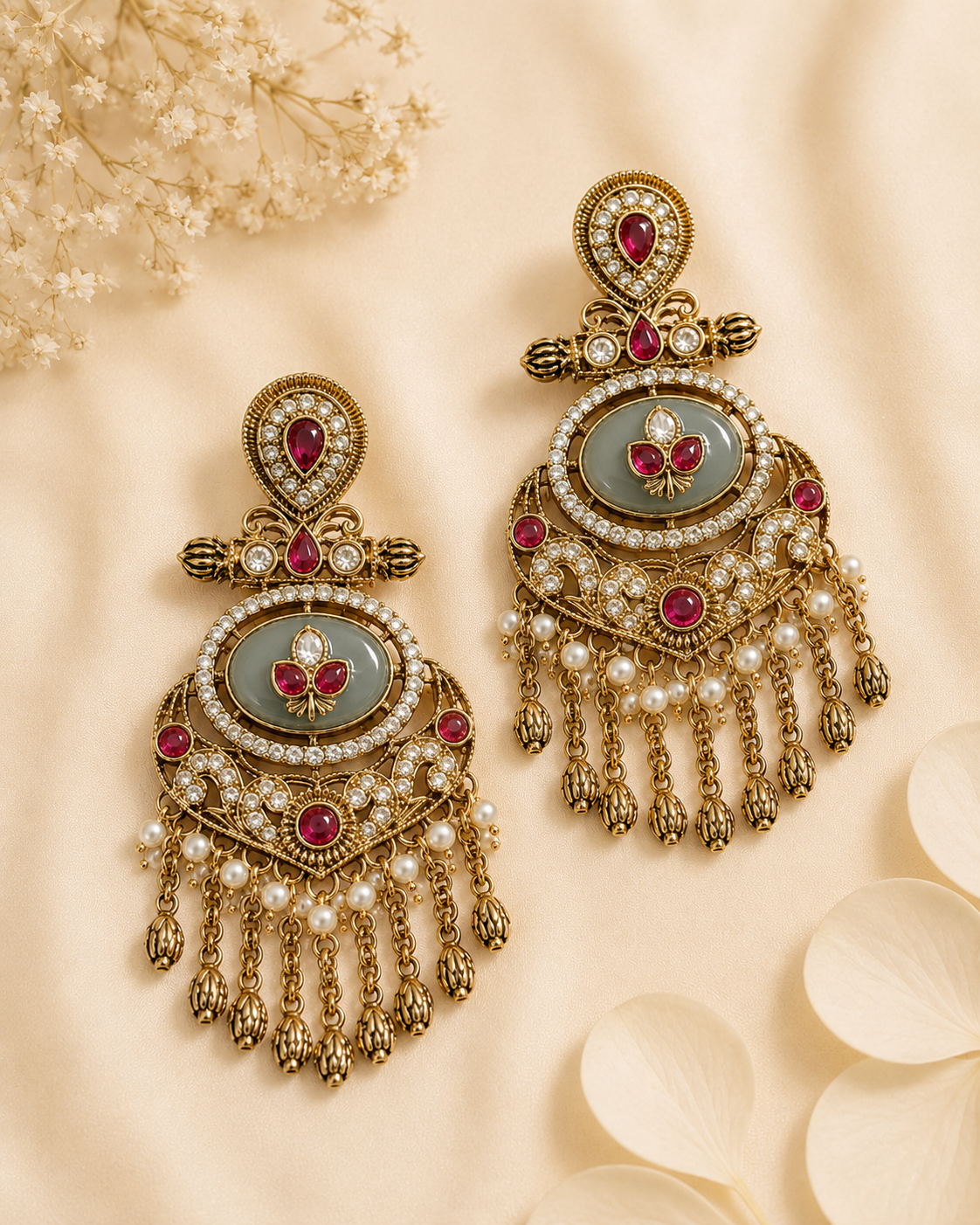 Antique Gold Polki CZ Greyish Green Oval Kemp Ruby Fleur-de-Lis Crescent Arch Chandelier Earrings with Lotus Bud Tassel | OLT120