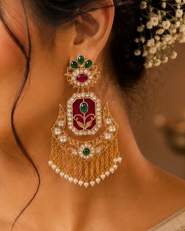 Antique Gold Ruby Meenakari Emerald Kemp Tulip Chandbali Earrings with Pearl Chain Tassel | OLT144