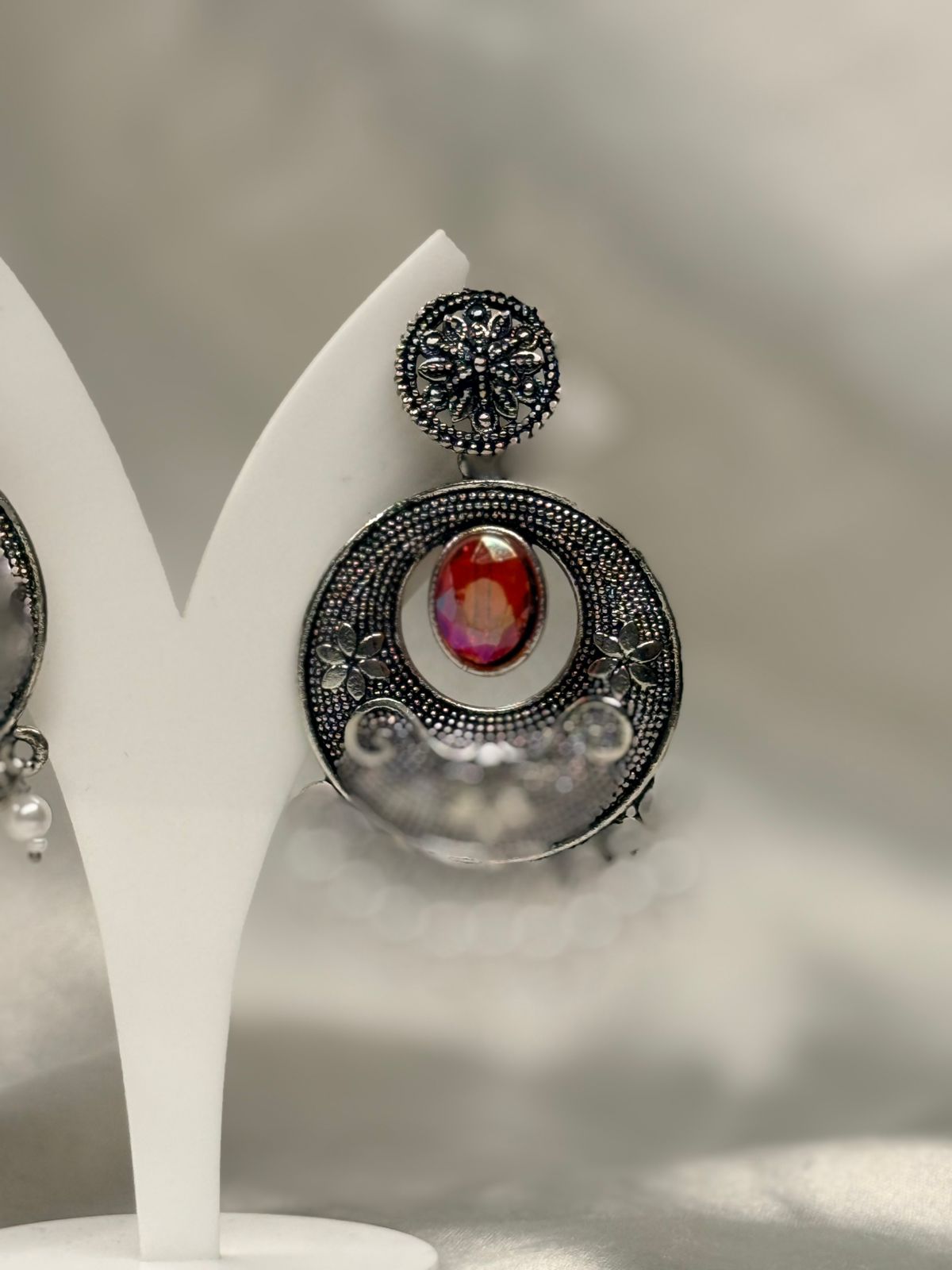 Oxidised Silver Red Stone Chandbali Earrings with Pearl Drops,llb644