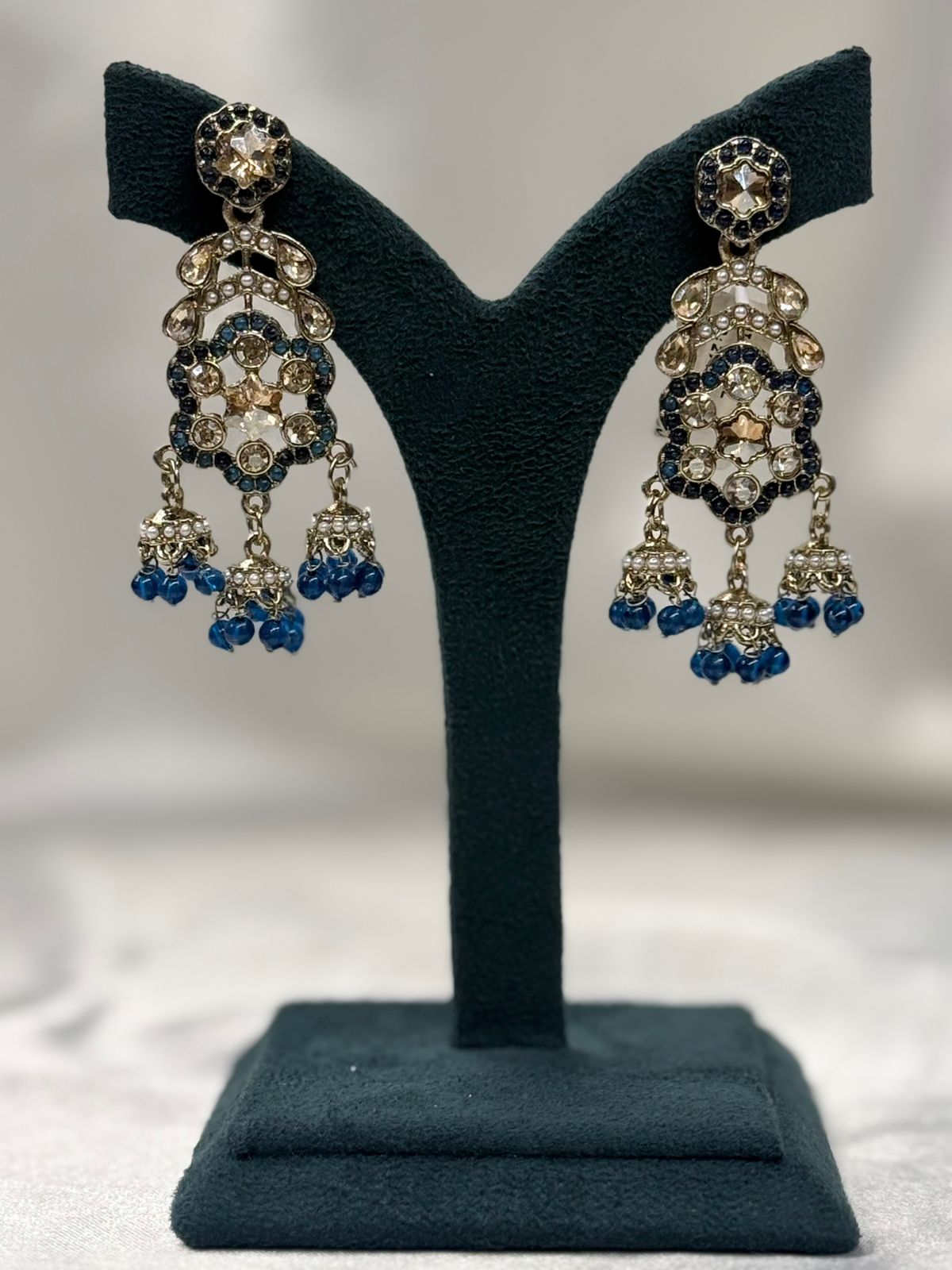 Blue Kundan Jhumka Earrings with Crystal & Pearl Drops,llb623