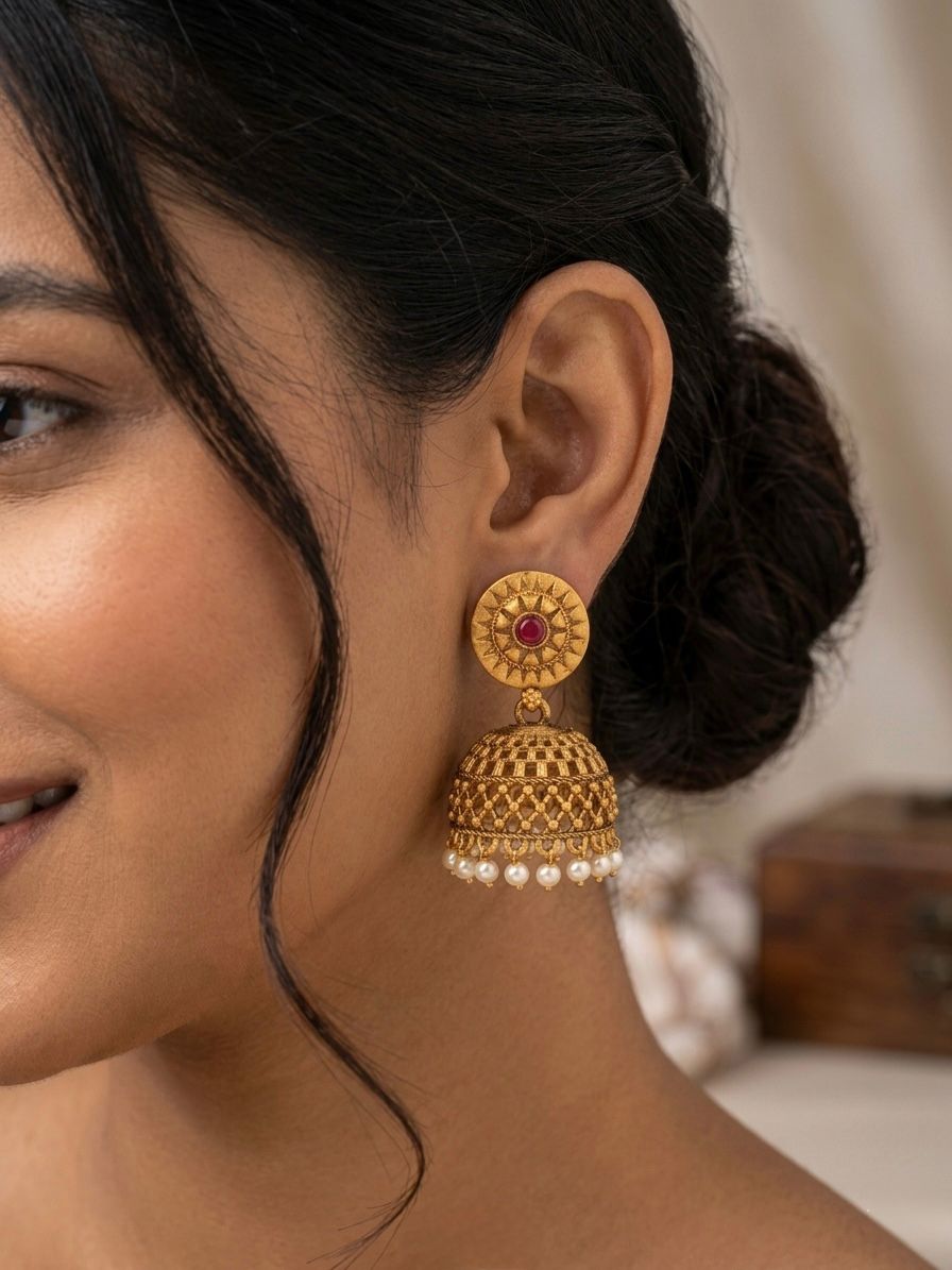 Antique Gold Temple Jhumka Earrings | Ruby Stone & Pearl Drops | llb0137