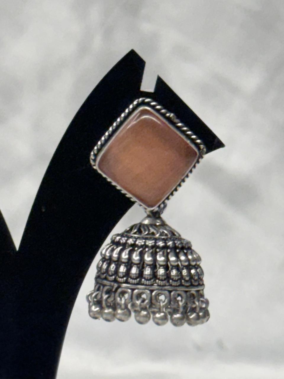Orange Stone Silver Oxidised Jhumka Earrings,llb582
