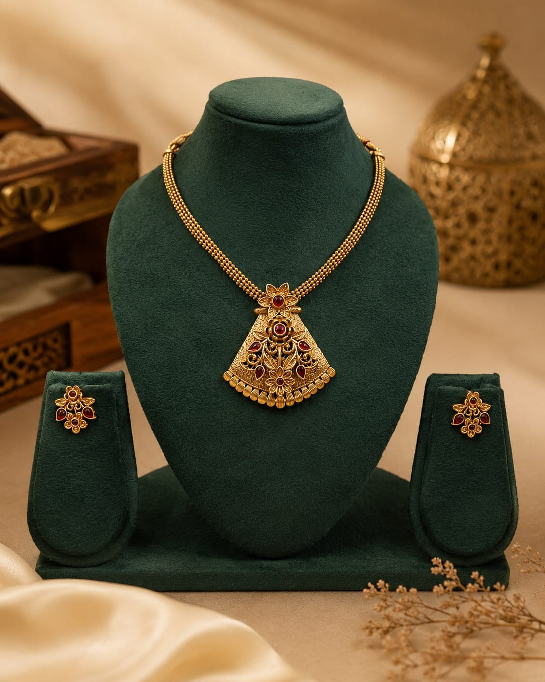 Gold Red Meenakari Lotus Pendant Necklace with Ribbed Gold Bead Accents | L14725