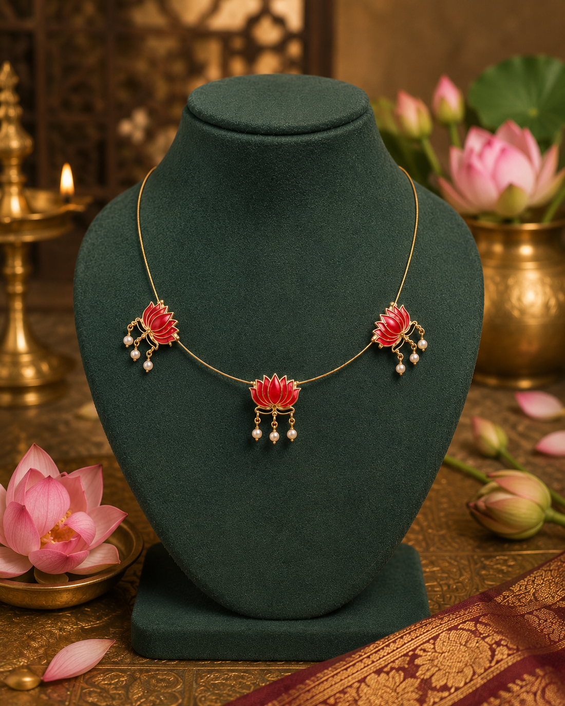 Gold Lotus Meenakari Necklace with Pearl Drops | L14775