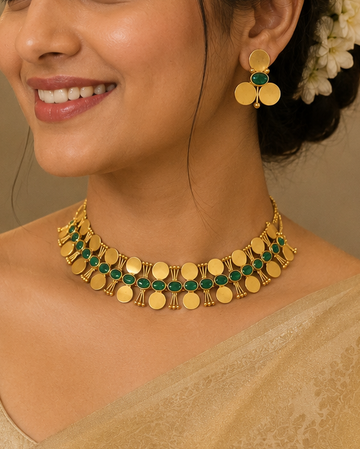 Coin Choker Necklace Set with Green Cabochon Stones | ONK196