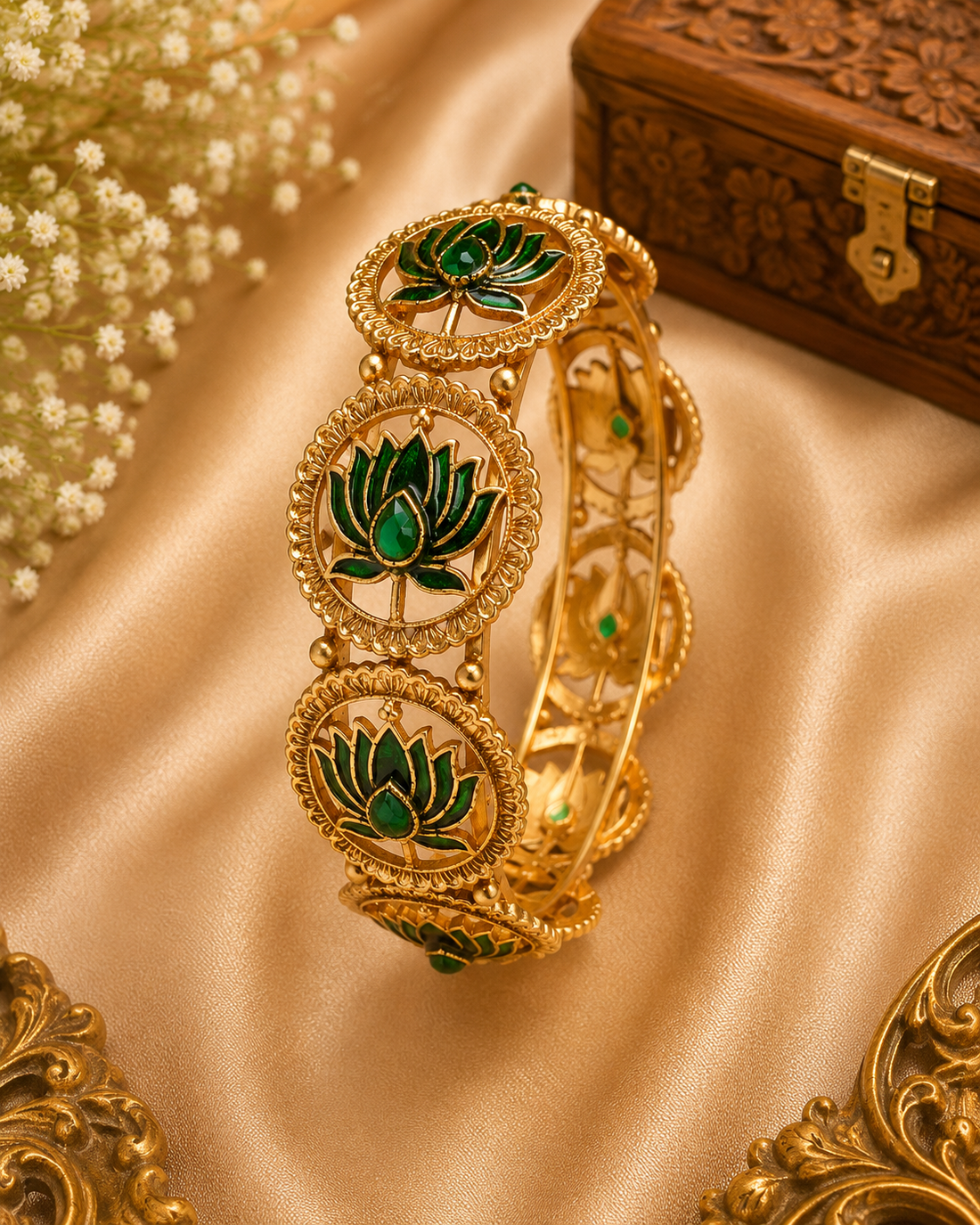 Buy 1 Get 1 Free,Gold Green Meenakari Lotus Medallion Bangle | L14803
