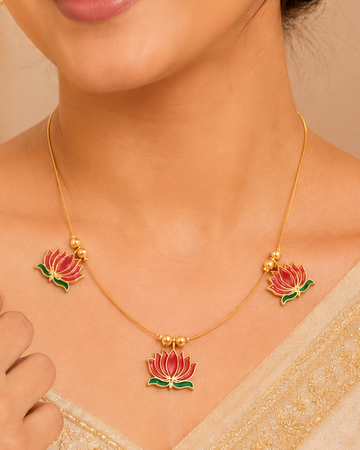 Gold Triple Lotus Meenakari Invisible Chain Necklace | L14674