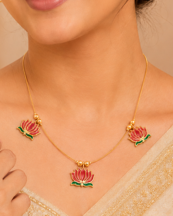 Gold Triple Lotus Meenakari Invisible Chain Necklace | L14674