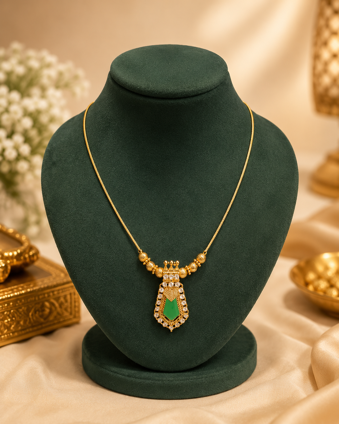 Antique Gold Emerald CZ Pendant Necklace |  L14991