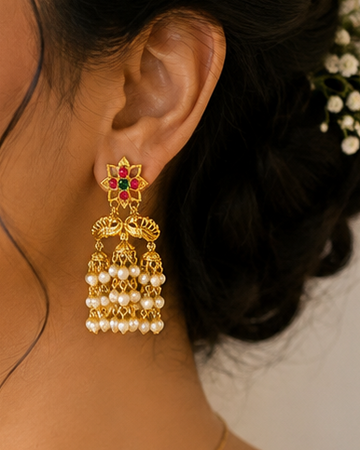 Gold Ruby Emerald Nakshi Triple Mini Jhumka Cascading Pearl Fringe Earrings | LV1436