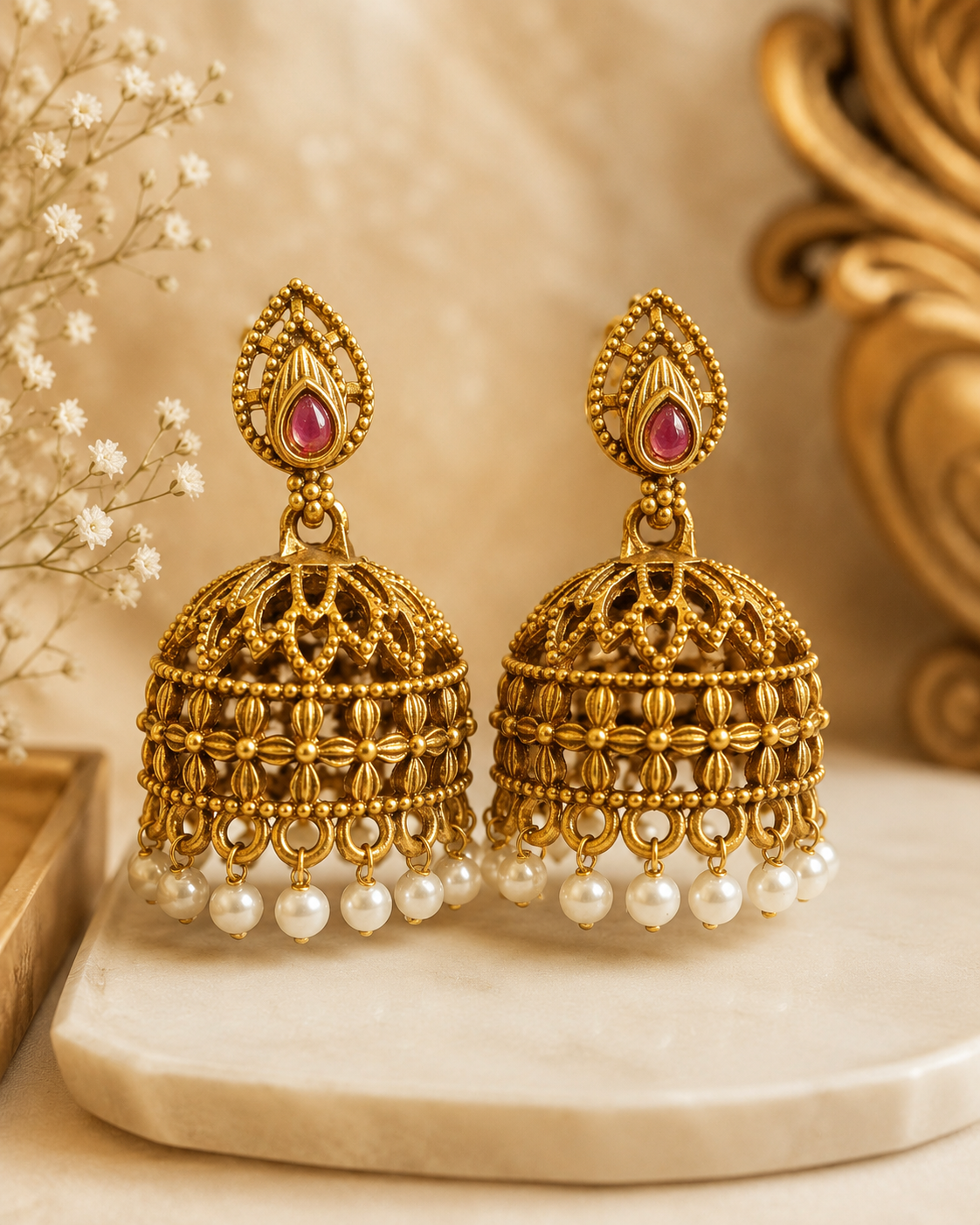 Antique Gold Ruby Teardrop Nakshi Jhumka Pearl Earrings | SITA2532