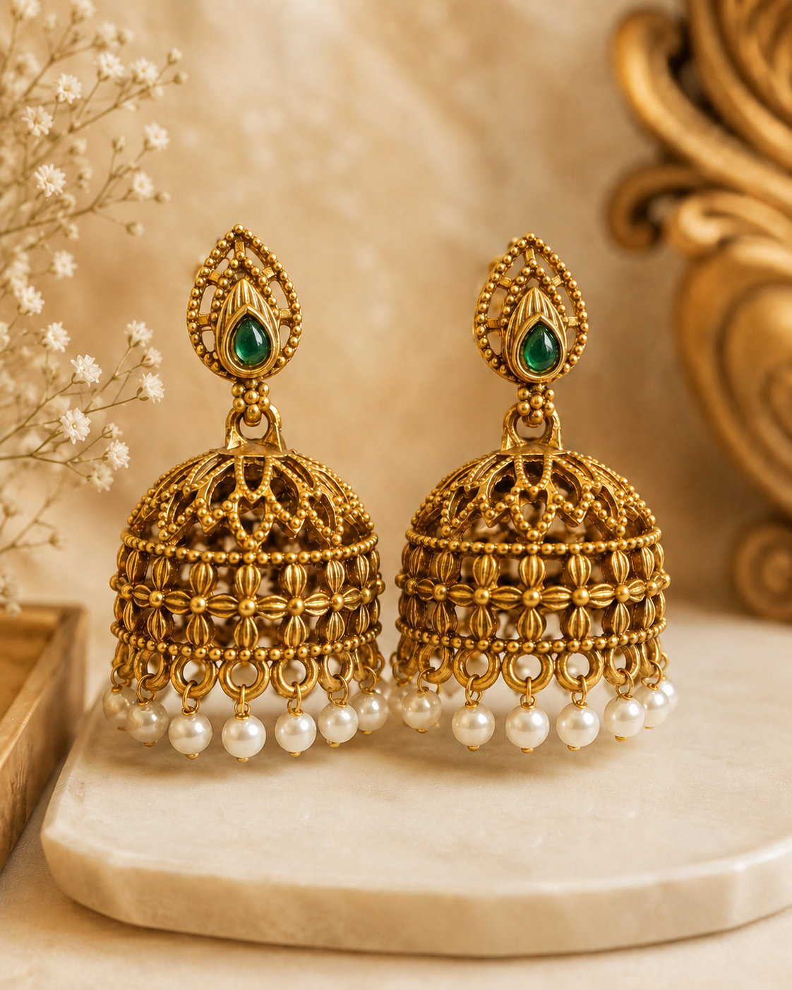 Antique Gold Ruby Teardrop Nakshi Jhumka Pearl Earrings | SITA2532