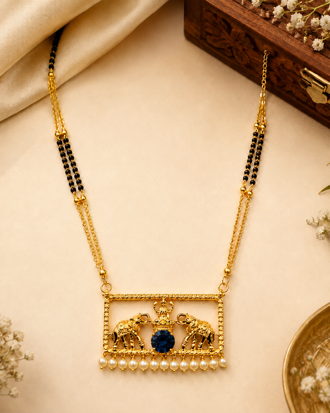 Antique Gold Gajlakshmi Elephant Rectangle Pendant Mangalsutra with CZ & Pearl | OL280