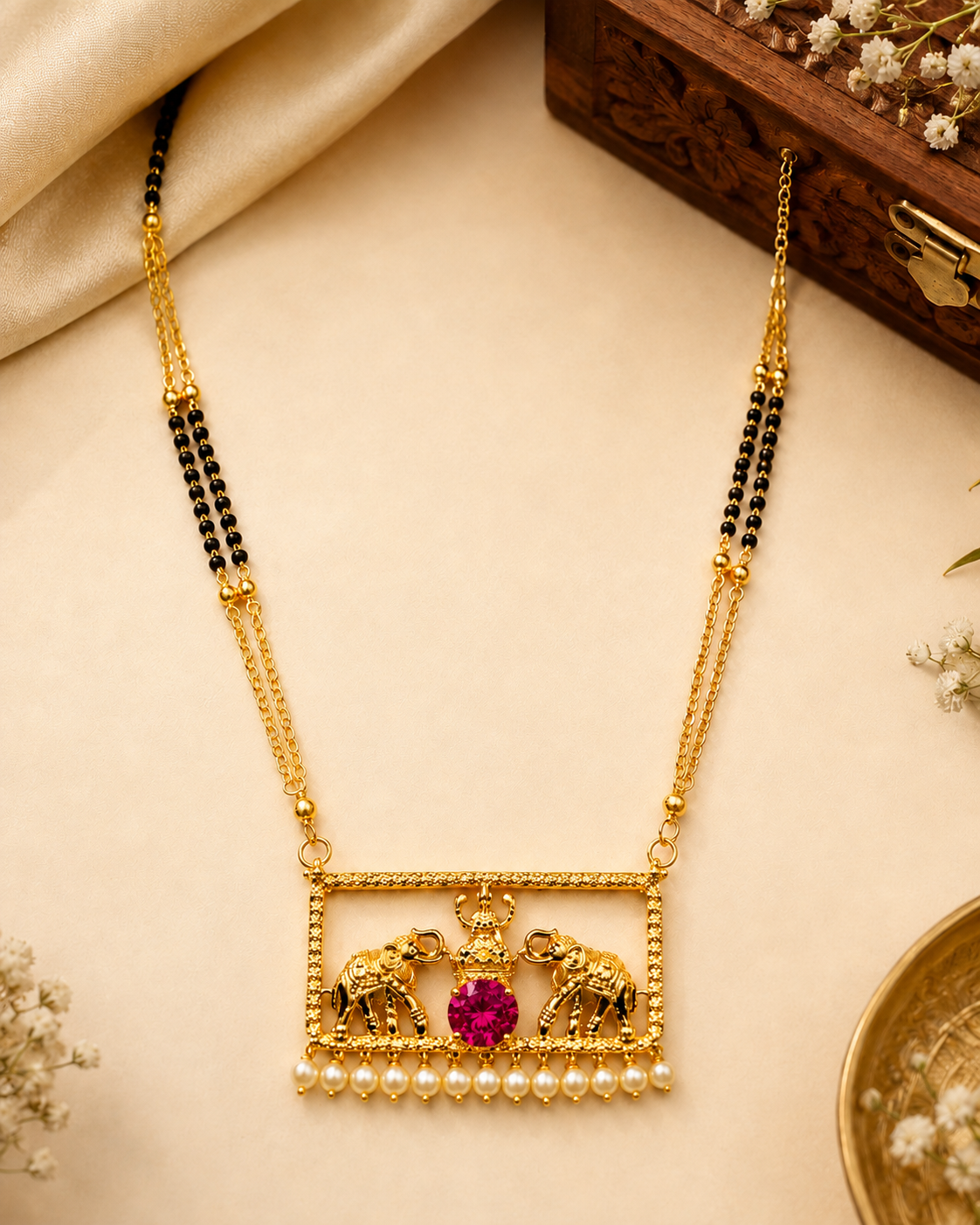 Antique Gold Gajlakshmi Elephant Rectangle Pendant Mangalsutra with CZ & Pearl | OL280