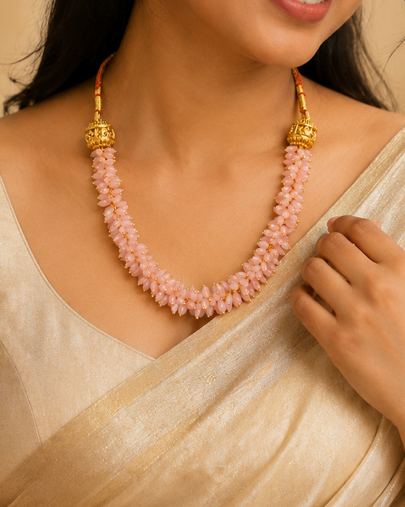 Gold Blush Pink Glass Bead Necklace Set  | LV2039