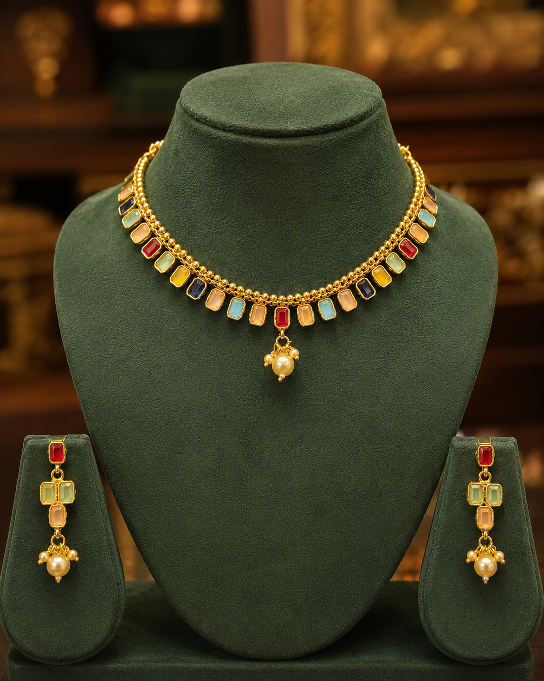 Gold Navratna Multi-Colour Rectangle Cabochon Fringe Choker Necklace Set | OL239