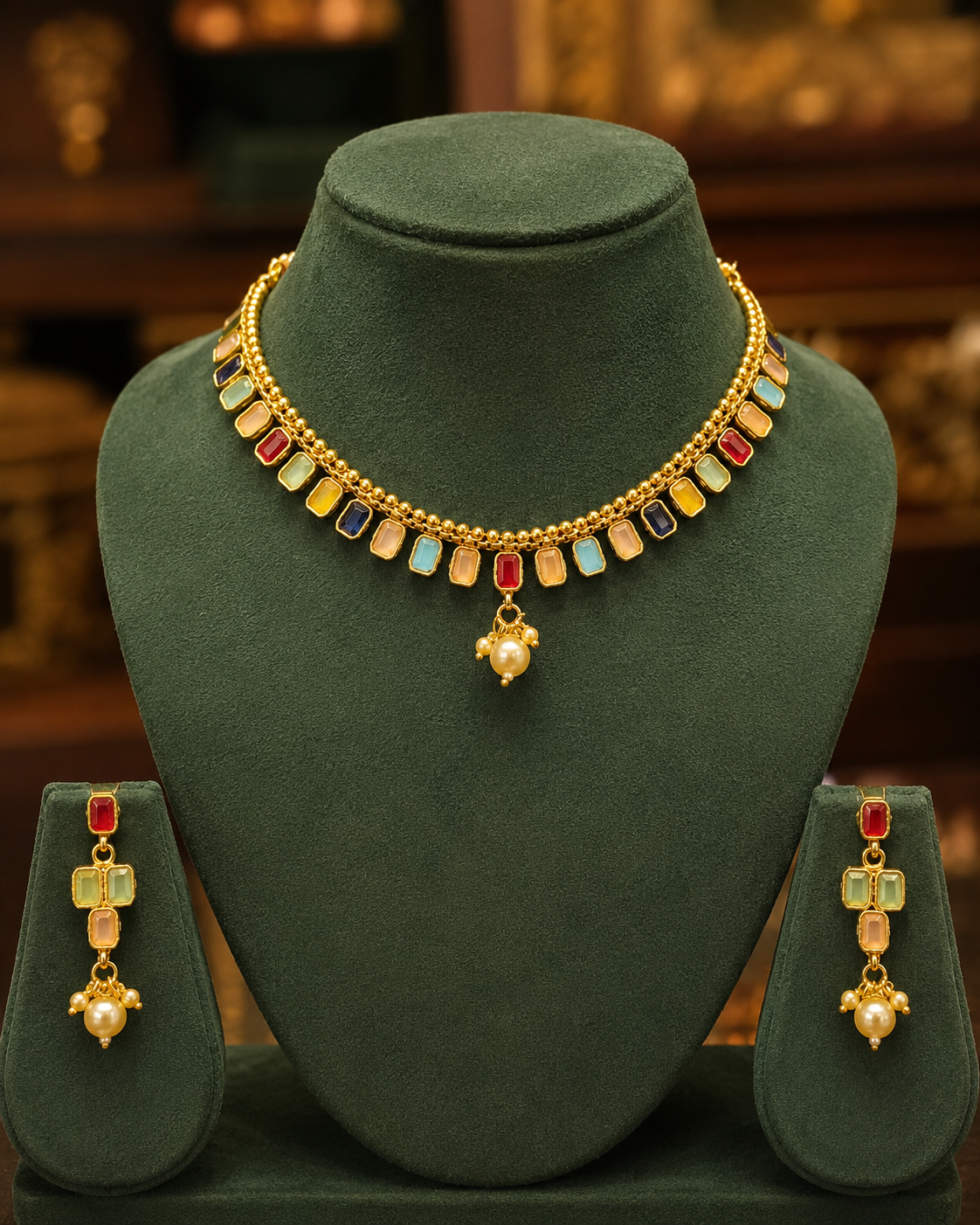 Gold Navratna Multi-Colour Rectangle Cabochon Fringe Choker Necklace Set | OL239
