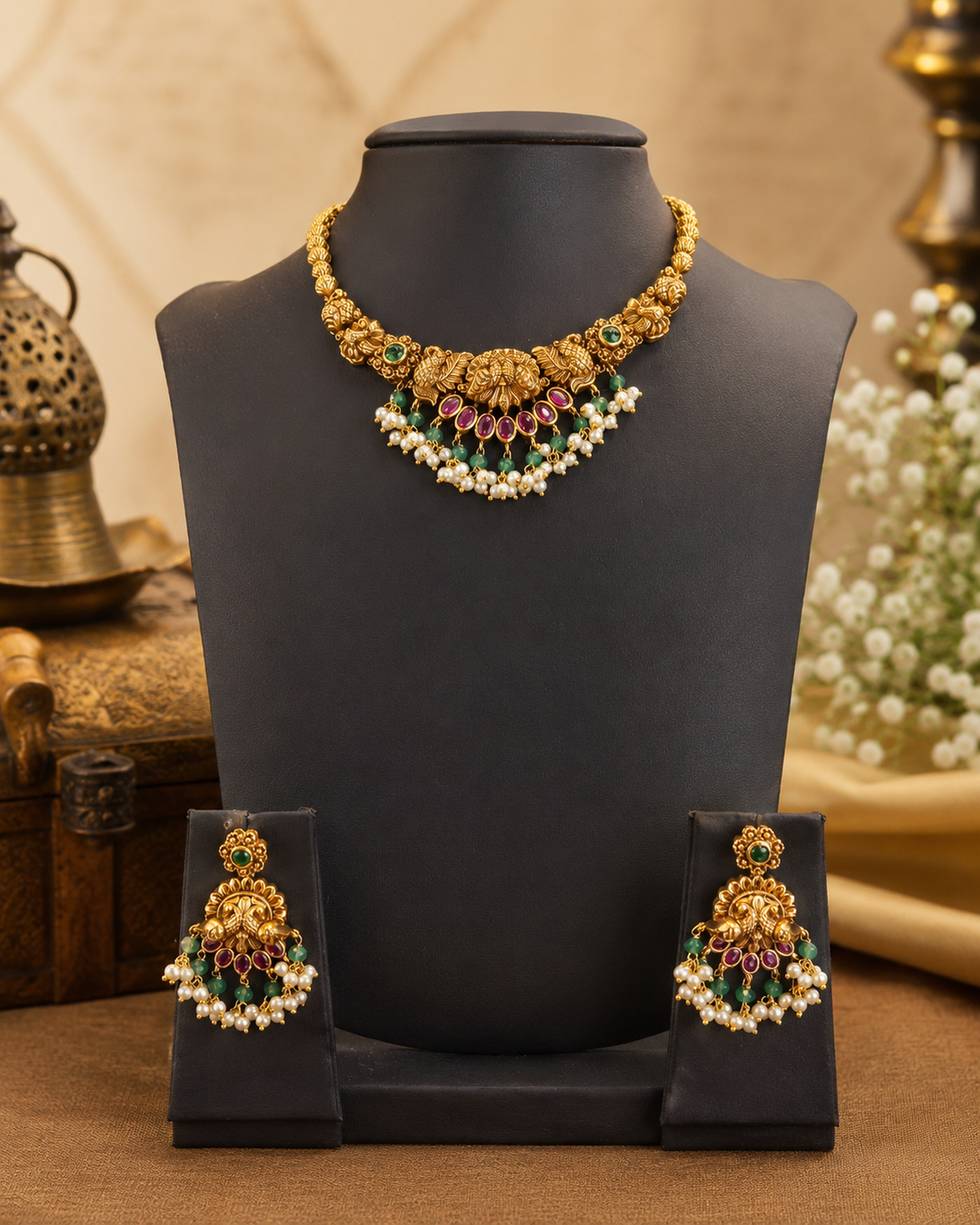 Antique Gold Nakshi Peacock Necklace Set with Ruby Emerald Stones & Pearl Fringe | ONK208