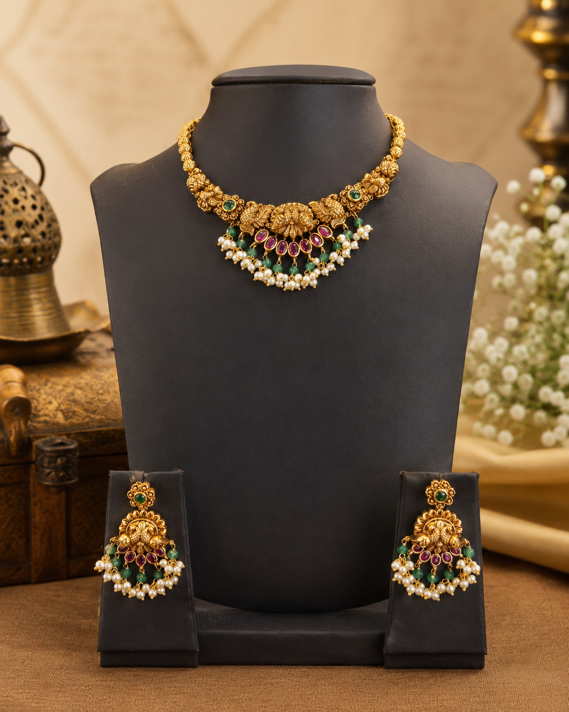 Antique Gold Nakshi Peacock Necklace Set with Ruby Emerald Stones & Pearl Fringe | ONK208