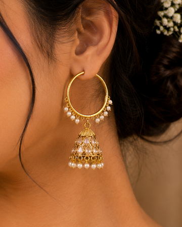 Gold Polki Kundan Hoop Jhumka Earrings with Pearls | OLT163