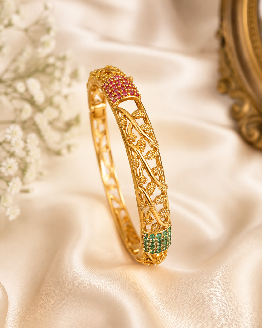 Gold Open Lattice Vine Bangle with Ruby CZ Cluster Top & Emerald CZ Base | ONK227