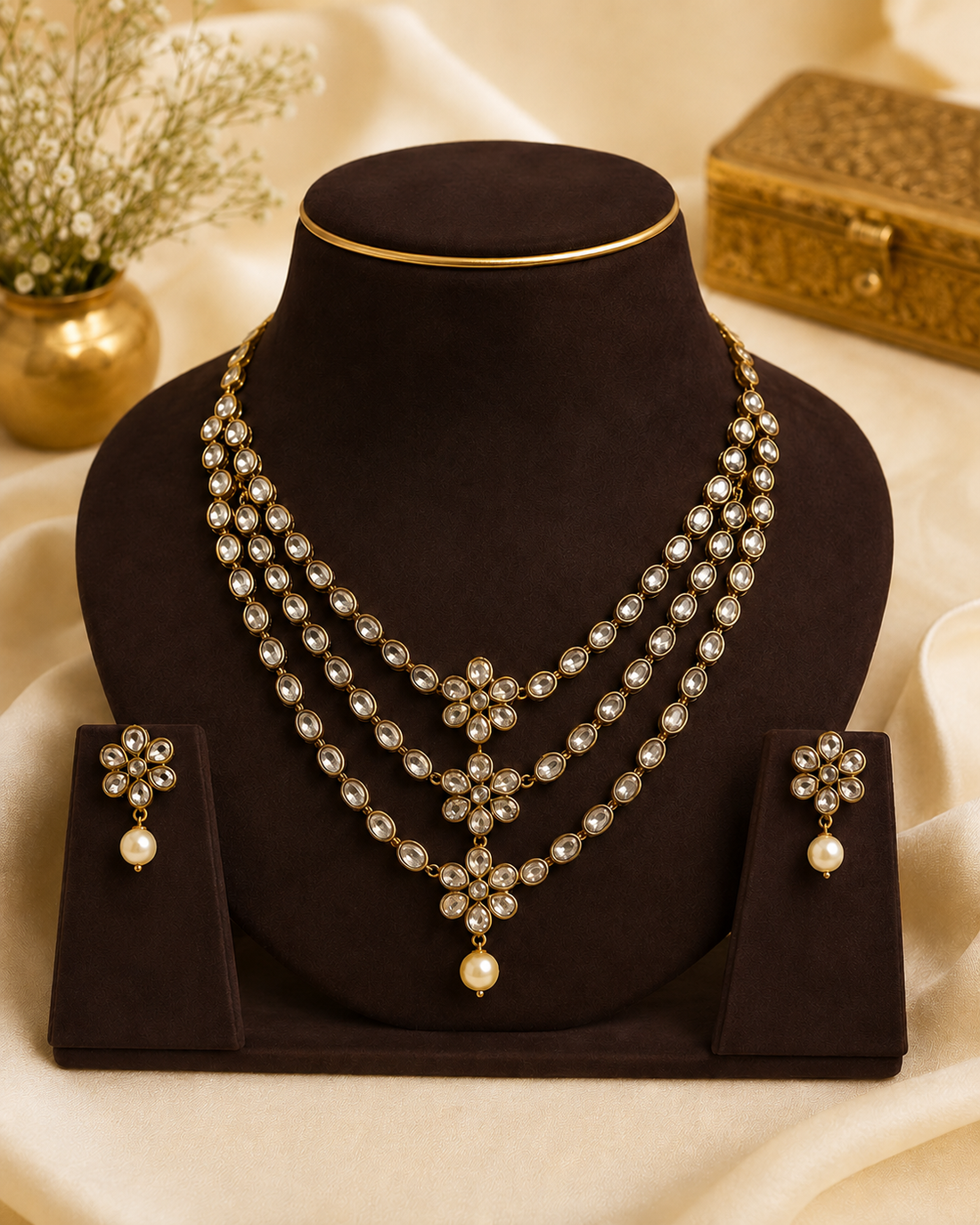 Antique Gold Triple-Strand Polki Kundan Oval Necklace Set with Floral Connectors |