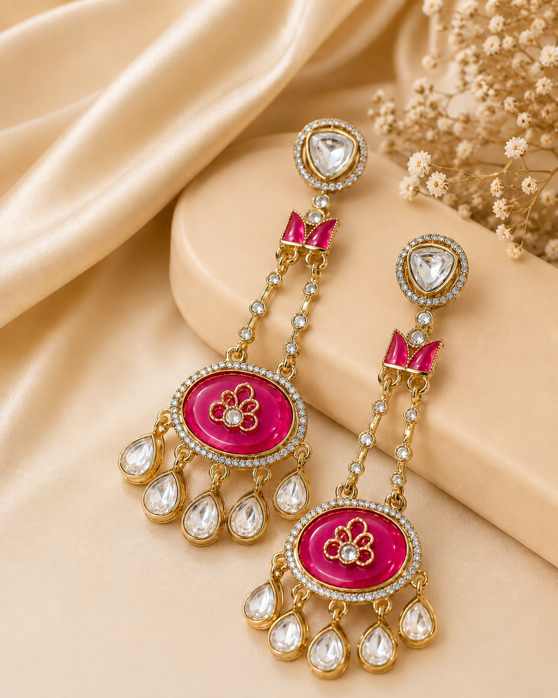 Gold Hot Pink Meenakari Oval Chandbali Earrings | OLT145