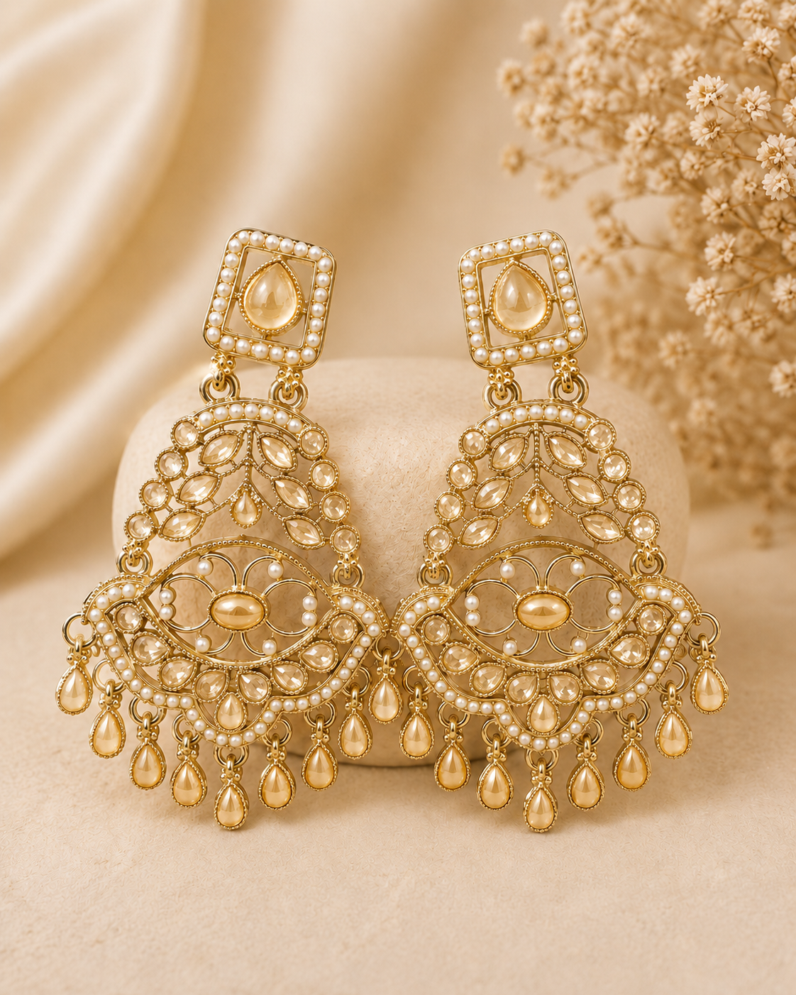Gold Multicolour Navratan Filigree Chandbali Earrings | OLT114