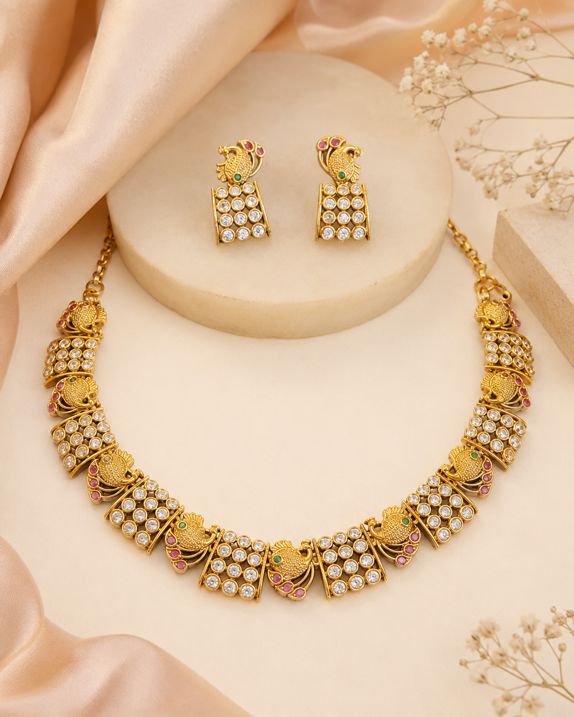 Antique Gold Ruby Emerald Kemp Nakshi Peacock Motif Choker Necklace Set | LV1560