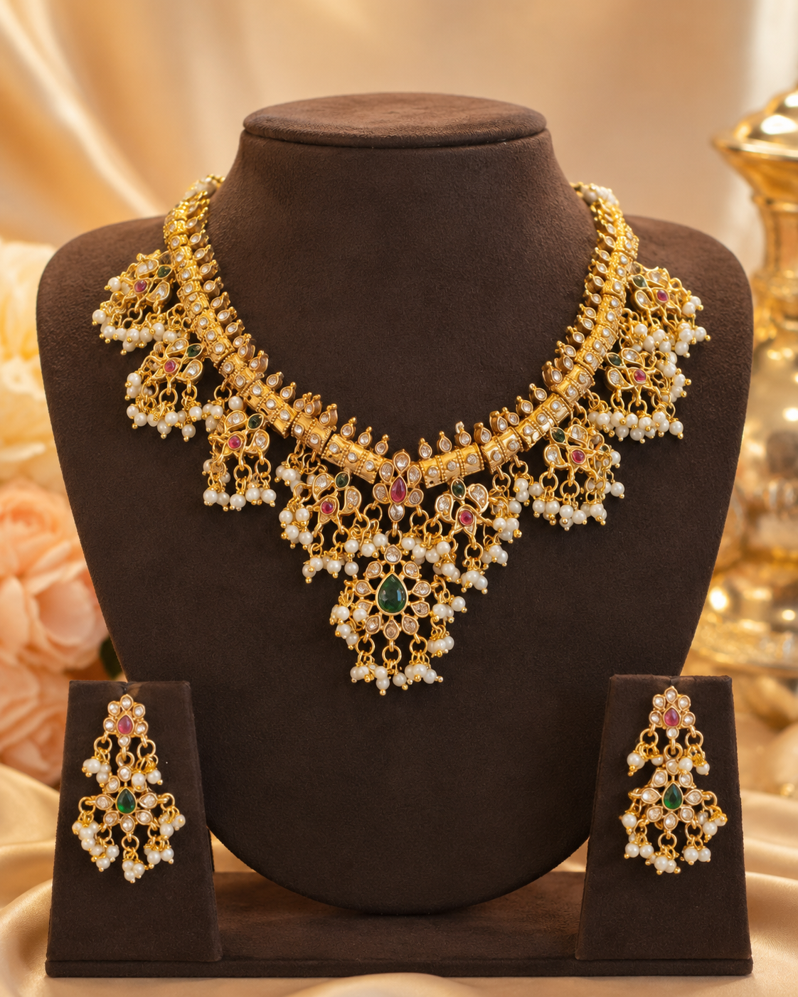 Gold Ruby Emerald Pearl Cascade Fringe Choker Necklace Set | ONK4