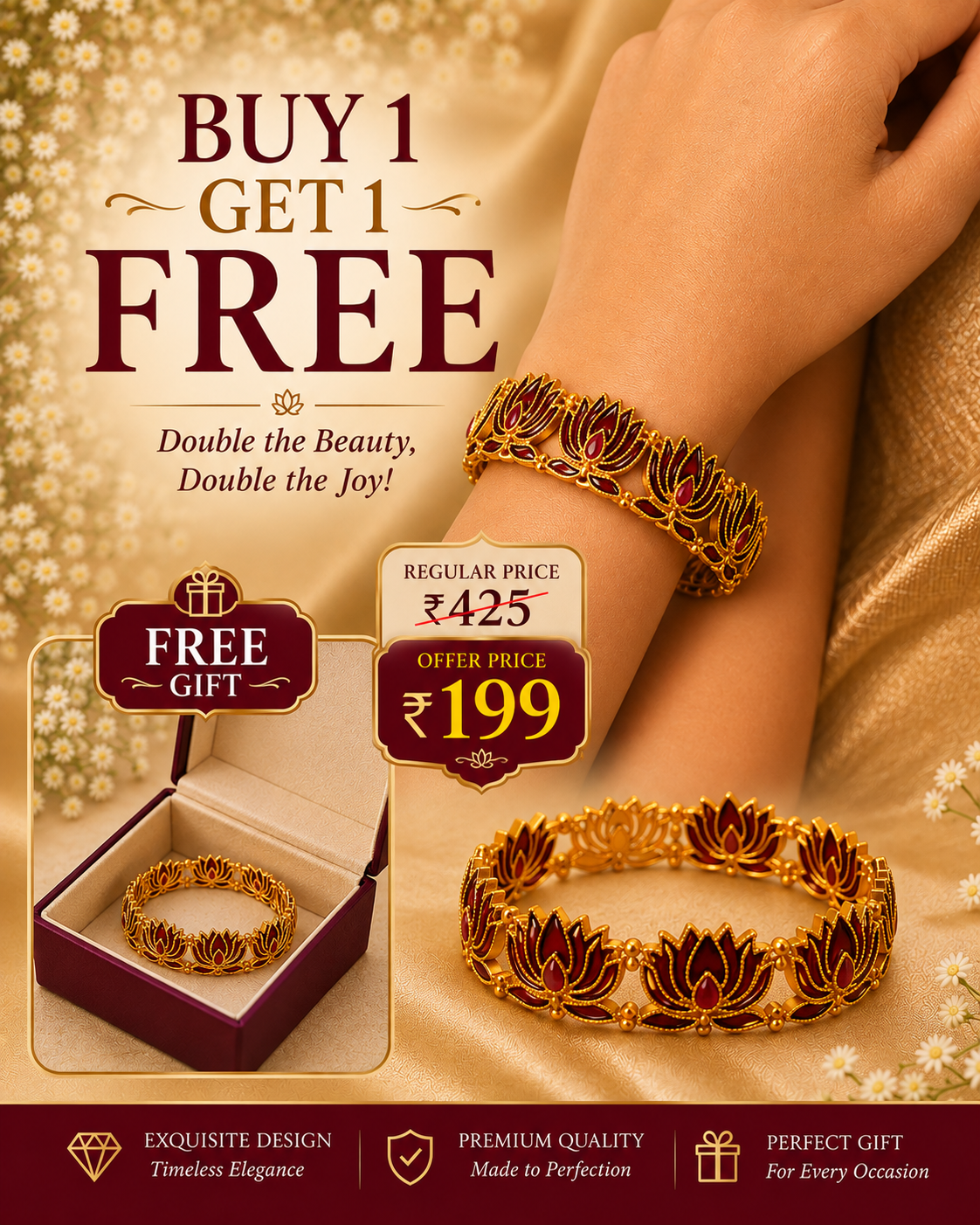 Buy 1 Get 1 Free , Antique Gold Dark Red Ruby Lotus Bangle Bracelet | L11124