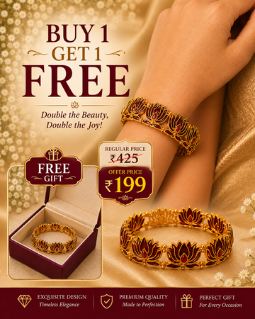 Buy 1 Get 1 Free , Antique Gold Dark Red Ruby Lotus Bangle Bracelet | L11124