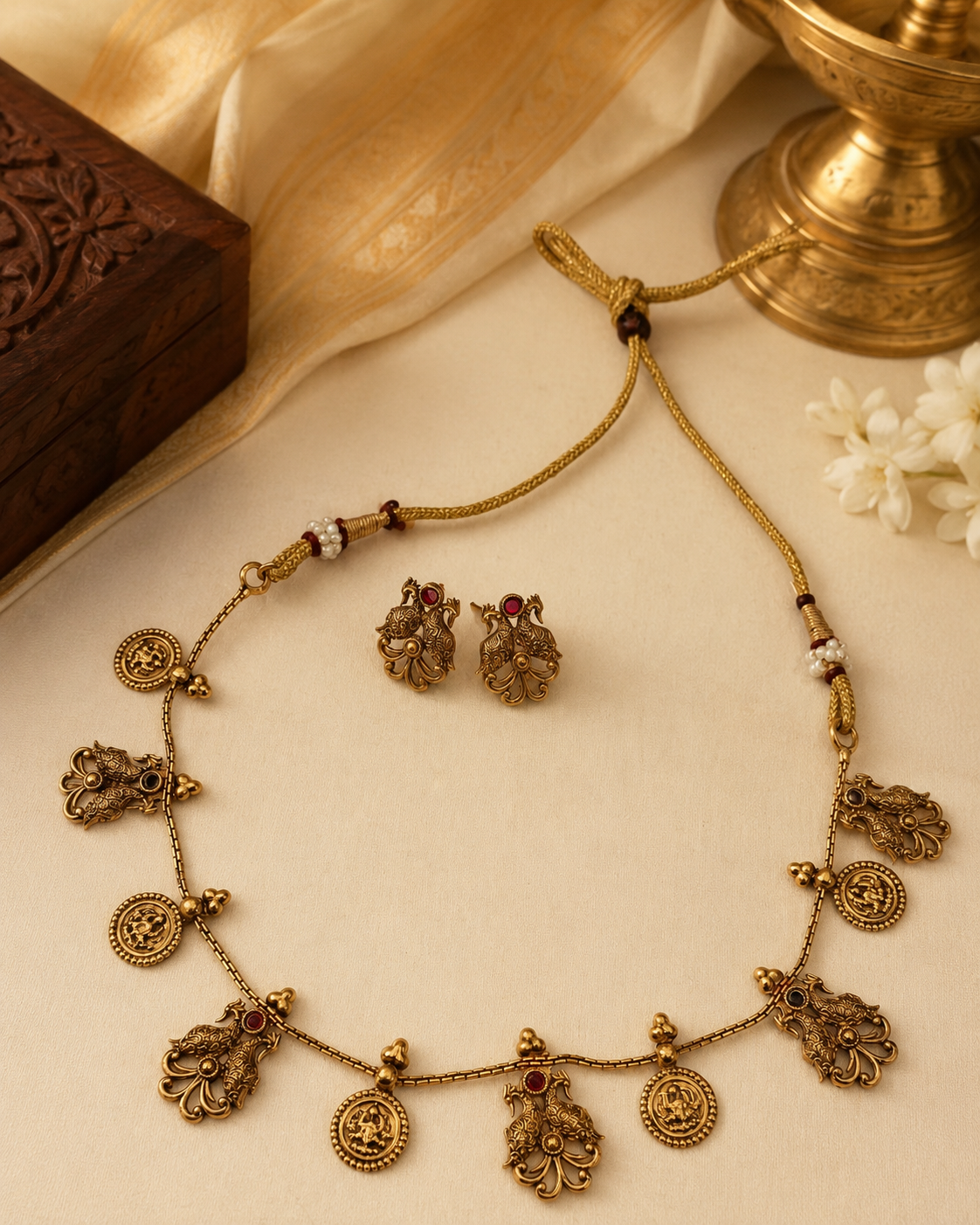 Antique Gold Nakshi Peacock Lakshmi Coin Multi-Charm Adjustable Necklace Set | OL106