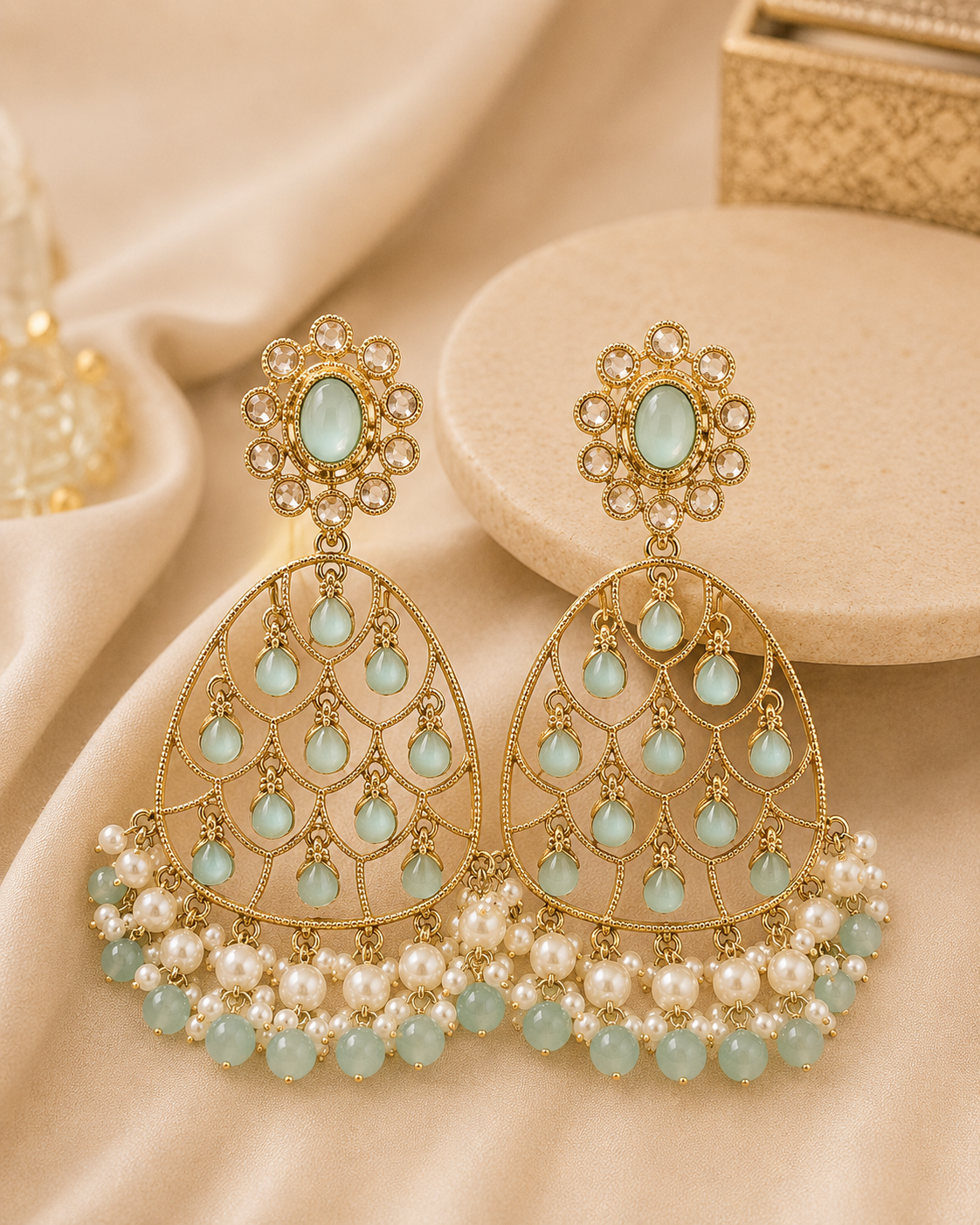 Gold Mint Blue Chalcedony Filigree Chandbali Earrings | OLT97