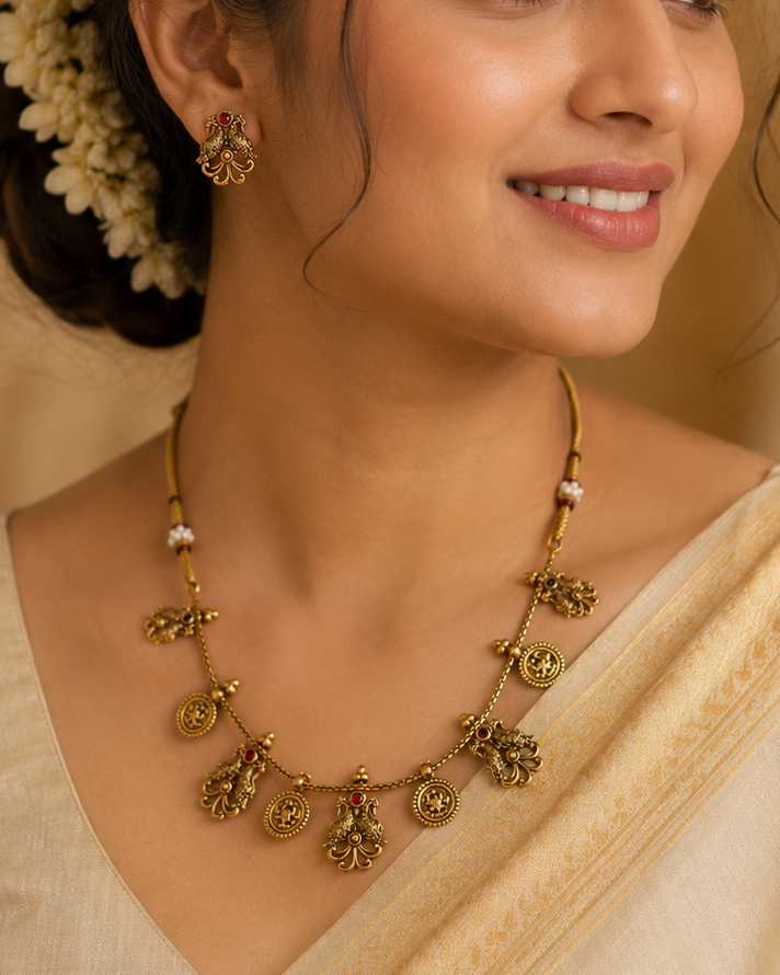 Antique Gold Nakshi Peacock Lakshmi Coin Multi-Charm Adjustable Necklace Set | OL106