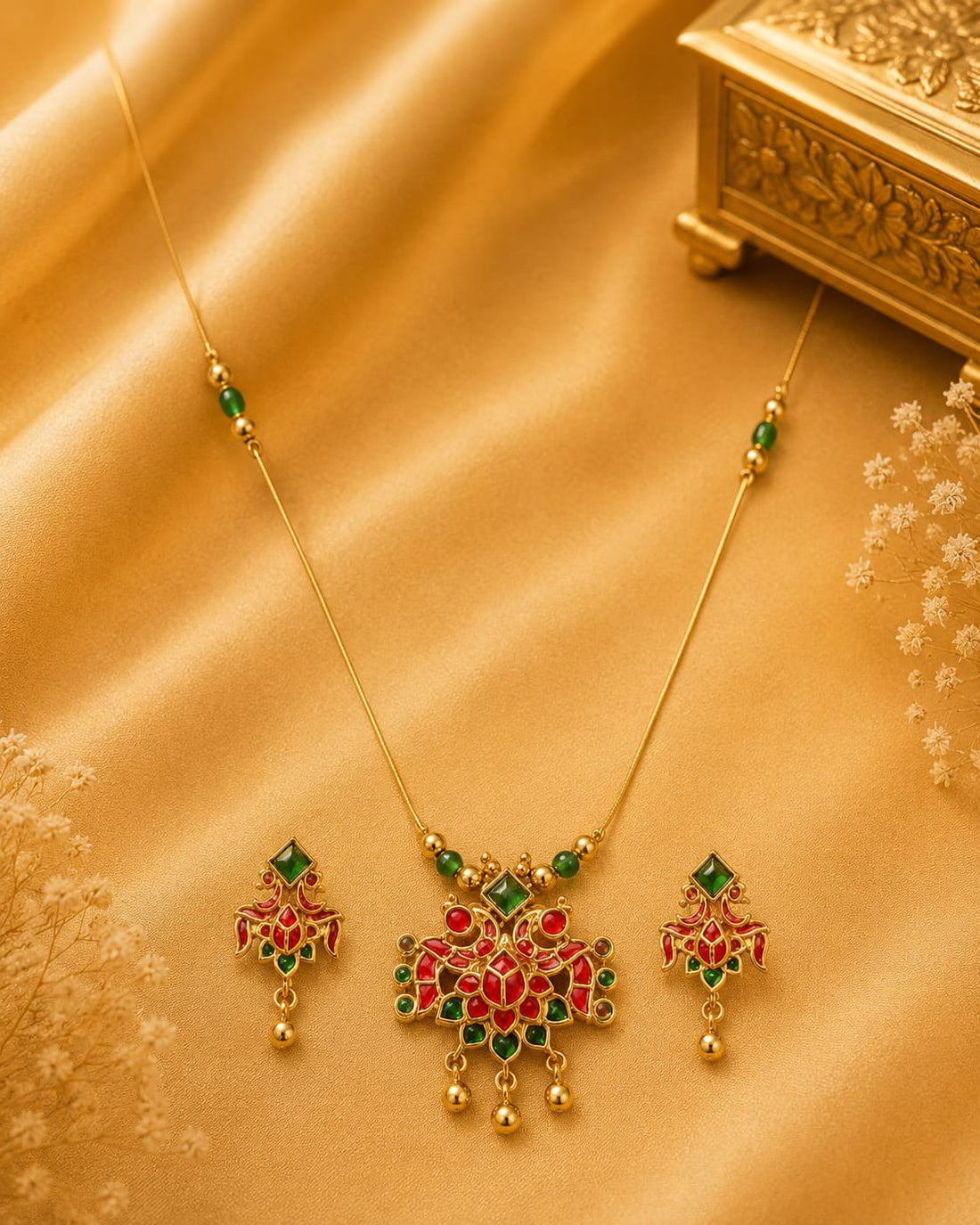 Antique Gold Meenakari Ruby Emerald Pendant Necklace Set | OL203