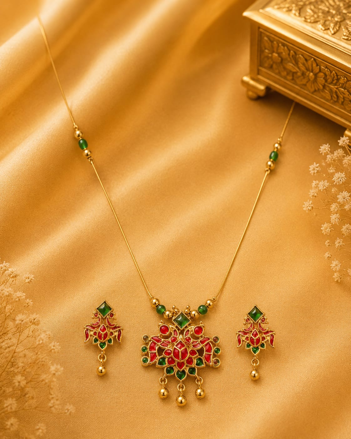 Antique Gold Meenakari Ruby Emerald Pendant Necklace Set | OL203