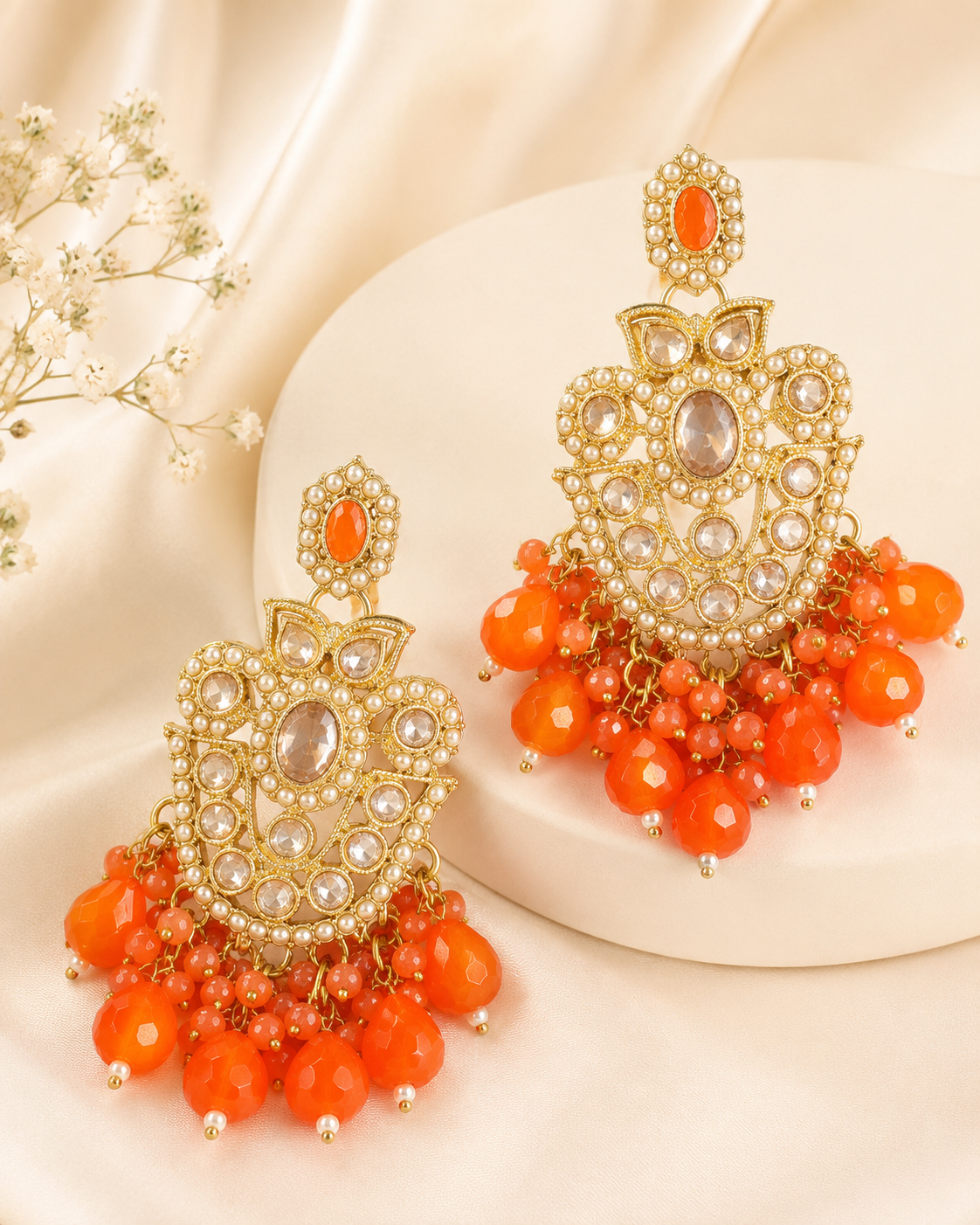 Gold Ruby Seed Pearl Polki Kundan Chandbali Earrings with Multicolour Bead Drops | OLS4