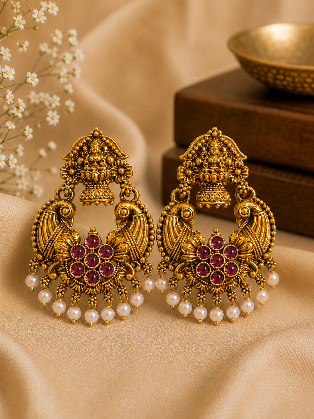 Antique Gold Goddess Lakshmi Temple Chandbali Earrings with Pearl Drops | OLS8