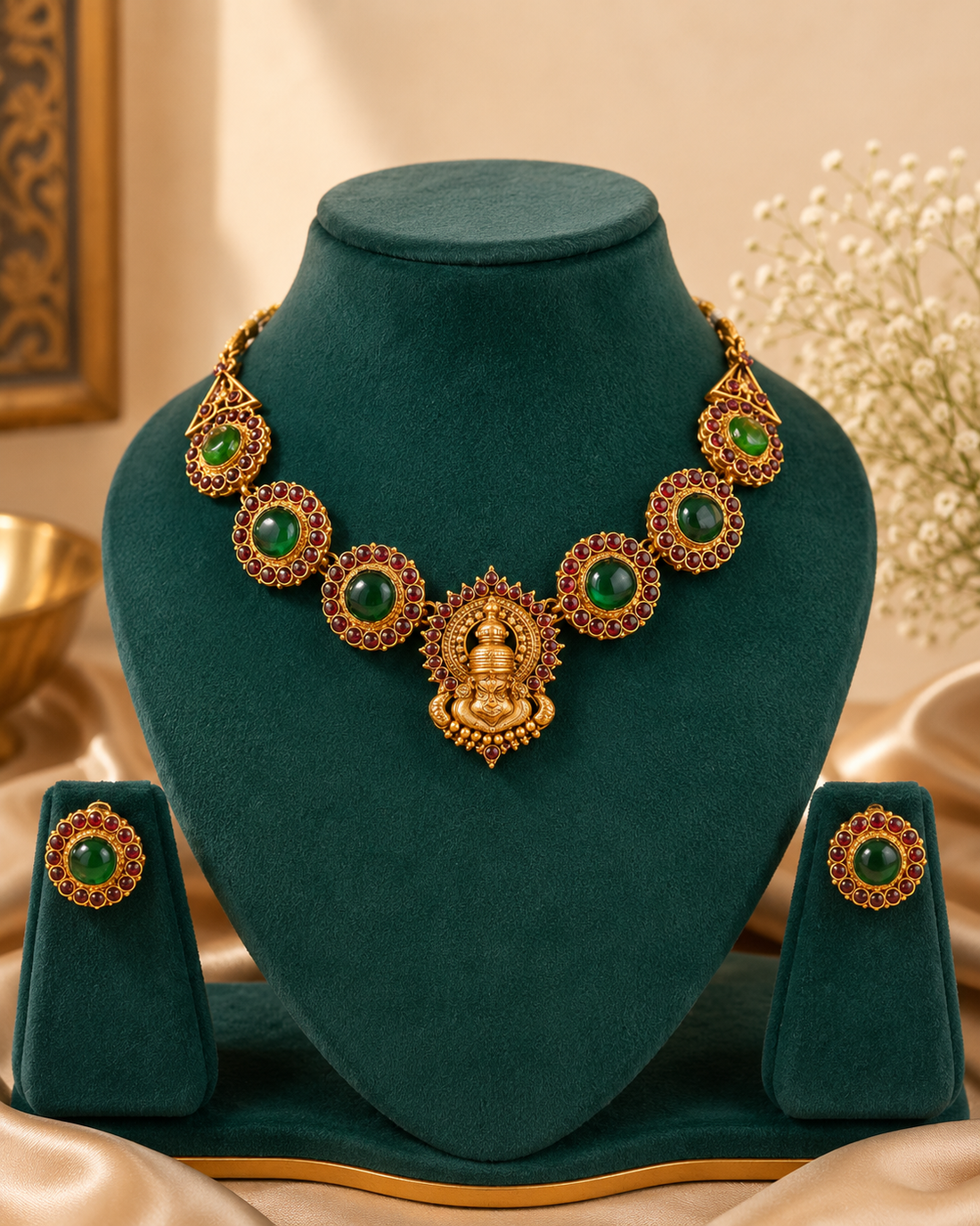 Antique Gold Emerald Ruby Kemp Cluster Choker Necklace Set | ONK72