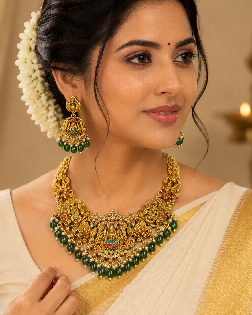 Antique Gold Nakshi Lakshmi Peacock Temple Choker Necklace Set | OL114